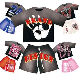 Streetwear Acid Wash Boxy T-shirts Shorts Ensembles Logo Personnalisé 100% Coton Épais T-shirt Boxy Fit Mens Shorts Set - Product Image 5