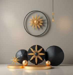 Décoration murale géométrique moderne en forme de soleil, en noir et or, pour des intérieurs chics. Disponible à prix de gros. - Product Image 1