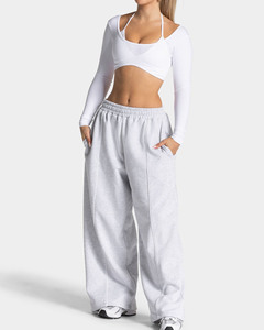 High Demand OEM Custom Grey <b>Oversized</b> Fit Wide Leg Jogger With Piping Cotton Fleece Women's <b>Sweatpants</b> Women's Pants & Trousers - Product Image 3