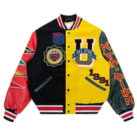 Blouson universitaire unisexe modèle 2026 pour homme, style Champion, corps en laine, manches en cuir, patchs en chenille, broderie sur le devant