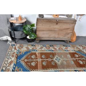 Tapis turc vintage 3.9 X 7.2ft marron bleu Patchwork Design laine Latex plat tissage Technique pour salon couloir décorations - Product Image 2