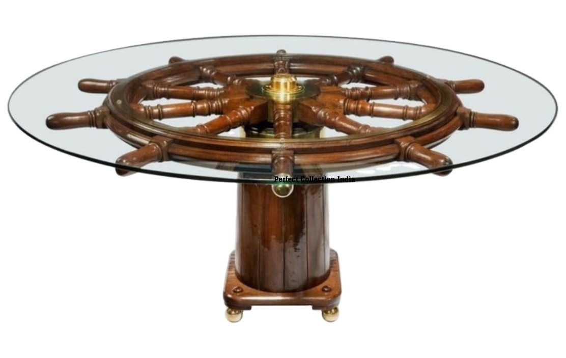 Nautical Steering Wheel Cocktail Table in Dark Oak - Vintage
