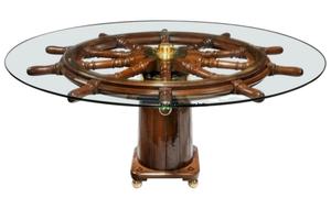 Mesa de Centro/Mesa Auxiliar con Forma de Timón Náutico en Roble Oscuro/Mesa de Comedor con Forma de Timón de Barco Antiguo, Muebles Antiguos - Product Image 2