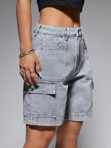 Women's High Waist Stonewashed <b>Denim</b> Shorts Straight Leg Casual Summer Wear Solid Color Cotton Fabric Regular Fit - Product Image 3