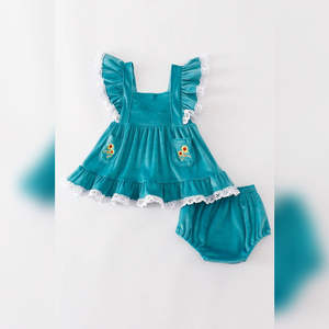 Elegante Terciopelo Azul girasoles bordado lavable 100% poliéster vestido de bebé conjunto de manga larga Top pantalones a juego para bebé - Product Image 1