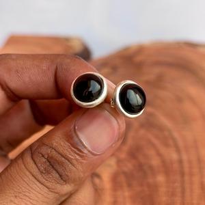 Handmade <b>Sterling</b> <b>Silver</b> <b>Stud</b> <b>Earrings</b> with Natural Black Onyx Gemstones Round Cabochon Design - Product Image 2