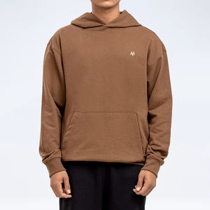 Sudadera minimalista marrón de gran tamaño con logotipo pequeño, ropa de calle informal, moda y bolsillo delantero, fabricada por Huzaifa Products - Product Image 1