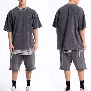 Custom Design Shorts and T-shirt <b>Sets</b> 100% Cotton Acid Wash Sun Faded Custom Logo Drop Shoulder <b>Knitted</b> Summer Casual Wear - Product Image 1