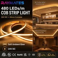 RAYMATES UL ETL Profesional 480leds/m 6000K Strip LED Cob Tanpa Titik RA90 DC24V Flex COB LED Light Strip untuk Proyek Komersial