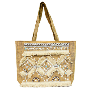 Vente en gros de fourre-tout bohème chic grand sac à main de plage en jute avec pompon et pompon accessoires de mode pour femmes, y compris une longue fermeture éclair - Product Image 5