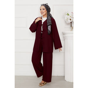 Women's Burgundy Loose-Fitting Suit Set with Front Tie Closure - Product Image 3