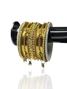 Bridal Collection Emerald Cut Wide Gold Bangles Pearl Stone Detailing for Wedding Anniversary Festive Occasions Wholesale Price - Product Image 1