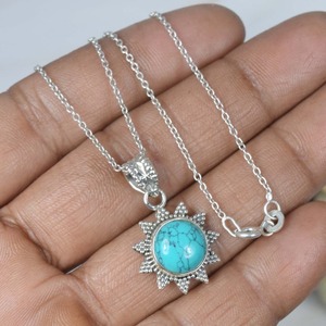 เทอร์ควอยซ์สีฟ้า 925 เงินสเตอร์ลิงอัญมณีจี้รอบรูปร่าง Handmade เครื่องประดับของขวัญวันเกิด 925 แสตมป์ - Product Image 2