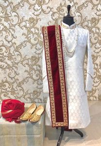 TRENDY DECENT BEAUTIFUL EMBROIDERY on WHITE SHERWANI WITH <b>PANT</b> & ALSO SHOE WITH DRESS for PARTY-WEAR/WEDDING @ 2023 - Product Image 2