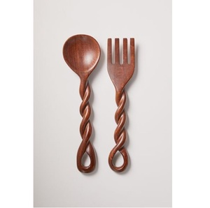 Ensemble de service à salade quotidien 2 pièces avec serveur à salade en bois de qualité supérieure, couleur naturelle, vaisselle alimentaire, couverts - Product Image 4