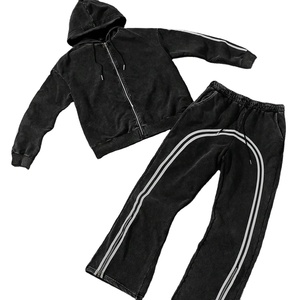 Ensemble de survêtement streetwear pour homme, personnalisé, effet délavé à l'acide et effet soleil, nouveau style vintage, sweat à capuche zippé et pantalon ample, 100% coton uni - Product Image 1