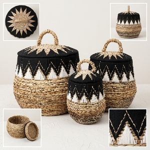 Ensemble de paniers en macramé en écorce de bananier naturelle avec couvercle, motif tribal noir et blanc, pot de rangement, décoration artistique pure pour la conception d'intérieur - Product Image 3