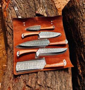 Handmade High Quality Custom made Chef Set Damascus <b>Steel</b> High Quality with Wooden Handles 5 piece Set with Leather Sheath - Product Image 5
