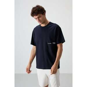 Camiseta Azul Marino 100% Algodón para Hombre, Corte Holgado con Textura Gruesa y Tela Jersey Estampada-88370 - Product Image 3