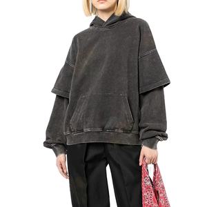 Haut de luxe unisexe Double couche manches Design pull 450gsm français éponge Street style goutte épaule hommes et femmes Hoodies - Product Image 2