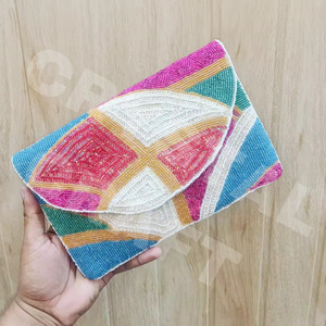 Handmade Cherry Embroidered Striped Clutch Bag With Chain Strap Rectangular Shape Textile Material - Product Image 5