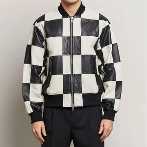 Blouson aviateur en cuir à carreaux noir et blanc |   Veste de mode de rue unique - Product Image 3