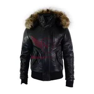 Refined Winter Style: Men's Sheepskin Leather Bomber Jacket with Hood Gentleman winter jacket Leather bomber jacket Hooded fur