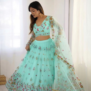 Déjeuner nouvelle série avec son propre produit de modélisation réel Lehenga détails tissu doux filet travail fil et séquence travail - Product Image 1