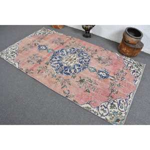 Classic Pink Blue Patchwork Design <b>Vintage</b> Turkish Wool <b>Rug</b> 3.9 X 7.3ft for Living Room Decorations Including Latex Cars - Product Image 4
