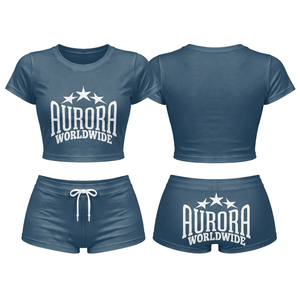 Women Premium Cotton Polyester Crop T Shirt Booty Shorts <b>Set</b> Screen Print Custom Logo Sleepwear <b>Set</b> 100% Cotton Women Booty <b>Set</b> - Product Image 1