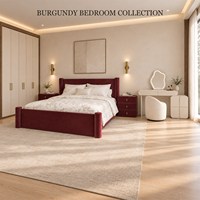 Ensemble de meubles de chambre à coucher sur mesure avec lit rembourré bordeaux, tables de chevet, armoire et coiffeuse ivoire