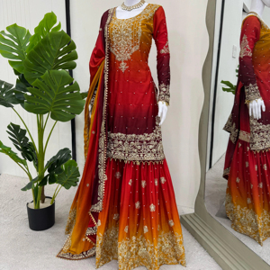 Elite Heavy Chinon Designer Suit Ensemble Exhibiendo un traje con un acabado interior Premium con un intrincado trabajo de codificación y secuencia - Product Image 1