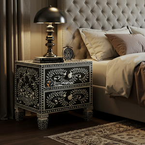 Mesita de noche con incrustaciones de hueso negro artesanal elegante mesita de noche floral con cajones - Product Image 1