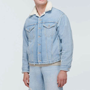 Wholesale Customized Winter Collection Coated <b>Stand</b> Collar Breathable Men's Denim Jacket with Faux Fur Lining Blue Color - Product Image 4