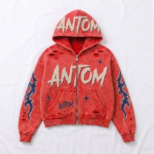Sudadera con capucha amarilla con cremallera para hombre, estilo urbano, oversize, de algodón tejido con estampado de letras de dibujos animados y diseño de llamas, primavera - Product Image 4
