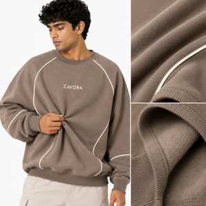 Wholesale Men's <b>Brown</b> Crewneck <b>Fleece</b> Sweatshirt Contrast Piping Casual Pullover Custom Logo Streetwear OEM Private Label Hoodie - Product Image 4