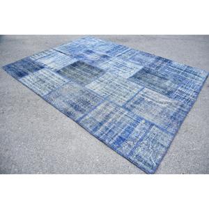 Alfombra Turca Vintage de 6.4x8.5 pies, Alfombra Grande, Alfombra de Lana con Diseño Floral Azul Gris - Product Image 3