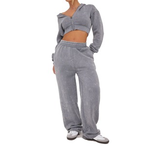 Manufacturer <b>Applique</b> Sweatsuit Acid Wash Cropped Hoodie and Sweatpants Set Tracksuit for Women - Product Image 6