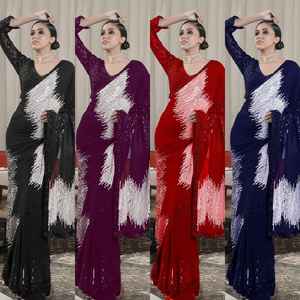 Femmes Georgette soie broderie séquence travail Saree avec chemisier dames fête et mariage porter exportation indien pakistanais vêtements - Product Image 6