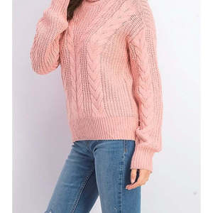 Suéter de punto trenzado rosa extragrande con cuello alto para jóvenes Crave Fame, cárdigan floral vintage transpirable informal para invierno - Product Image 3
