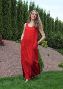 Nuevo Vestido Maxi Rojo de Algodón, Silueta en A, Sin Mangas, con Cinturón, Formal, para Invitadas de Boda, Ecológico, para Mujer - Product Image 3