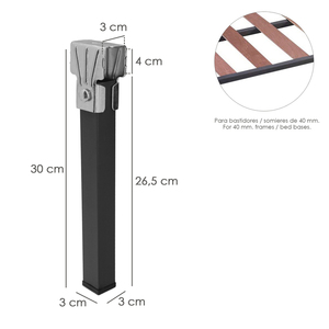 Jeu de pieds de sommier carrés (4 unités) Tube 30x30 mm. Pour sommier de 40x30 mm. Altitude 25 cm. - Product Image 2