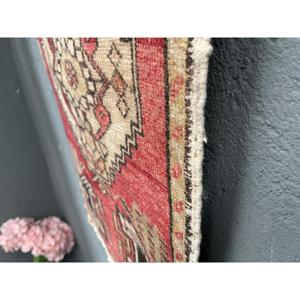 Turkish Rug, Small 1.6x3 ft Vintage Rug, <b>Red</b> Black Bordered <b>Wool</b> Rug - Product Image 3