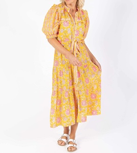 Exclusivo y Encantador Vestido Amarillo con Mangas Abullonadas, Puños Elásticos y Cintura Ajustada con Lazo - Product Image 6