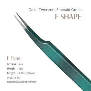 Pince à épiler pour sourcils en forme de F, couleur vert émeraude, en acier inoxydable, modèle de précision avec embouts en fibre plastique pour extensions de cils - Product Image 2