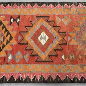 Vintage 3.5x10.4 ft Rug, Turkish <b>Runner</b> Rug, <b>Red</b> Check Rug - Product Image 3