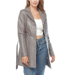 Abrigo largo de cuero genuino Abrigo de cuero gris con cinturón Gabardina de cuero de piel de cordero genuino para mujer - Product Image 3