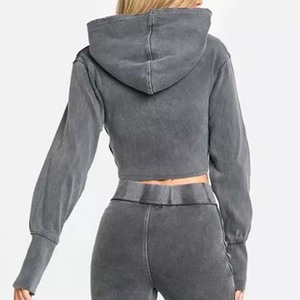Nouveau automne Vintage lavage à l'acide 2 en 1 lourd hiver sweat à capuche zippé pour femmes 100% coton - Product Image 6