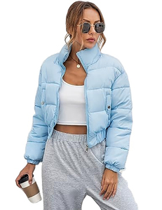 Unisex Light Blue Winter <b>Crop</b> Top <b>Puffer</b> <b>Jacket</b> Plus Size Stand Collarless with Custom Logo Cotton Filling Material - Product Image 6