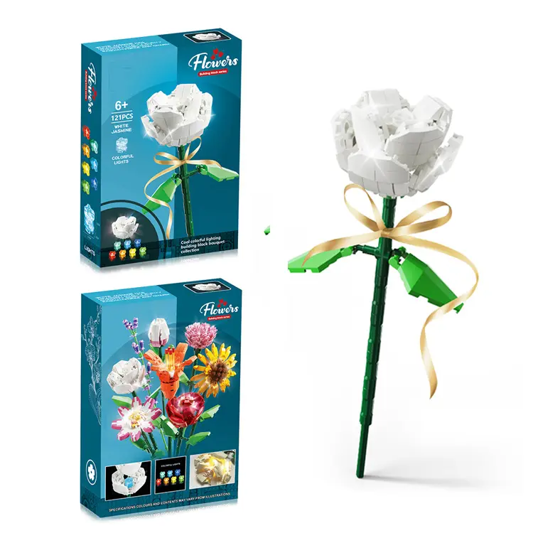 Dollartoys Promoción creativa Artículos de 1 dólar juguete Rosas Bloques de construcción Bloques de flores Juguetes Conjunto de ramo Planta Ladrillo Juguete con luz